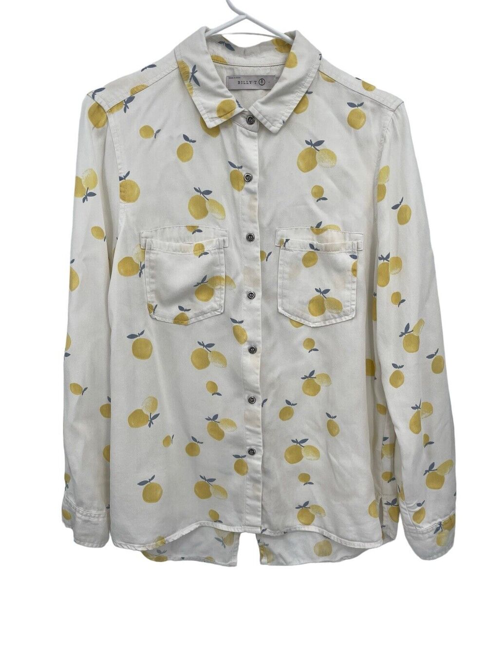 Billy T Lemon Print Shirt Button Down Roll Tab Sleeves High Low Hem Size Small
